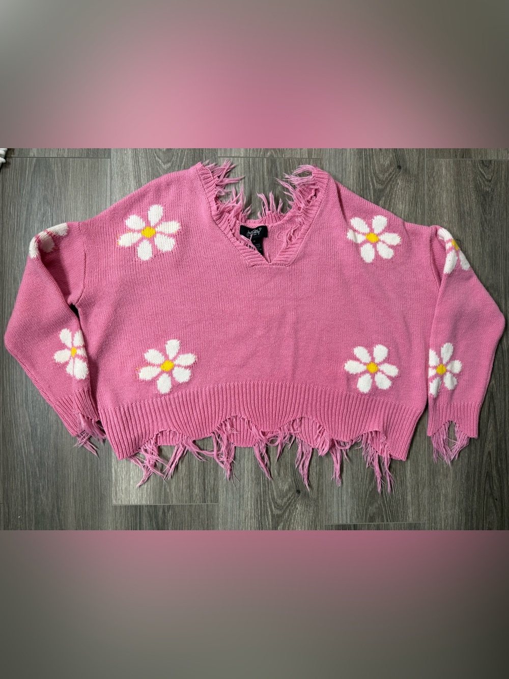 Just Polly Pink Daisy Distressed Fringe Crop Sweater M Y2K Floral Knit Grunge